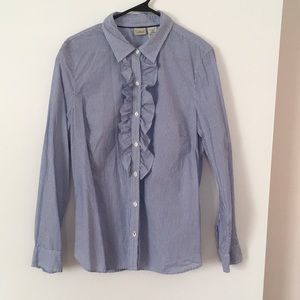 LL Bean Navy striped ruffle front blouse
